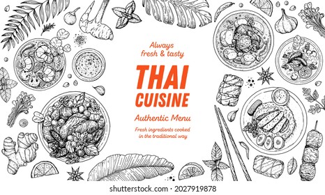 Thai food top view vector illustration. Food menu design template. Hand drawn sketch. Thai food menu. Vintage style.