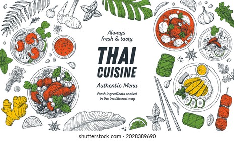 Thai food top view vector illustration. Food menu design template. Hand drawn sketch. Thai food menu. Vintage style.