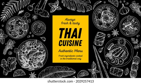 Thai food top view vector illustration. Food menu design template. Hand drawn sketch. Thai food menu. Vintage style.