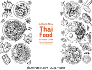 Thai food top view vector illustration. Food menu design template. Hand drawn sketch. Thai food menu. Vintage style. Pad thai, pad krapow gai, tom yum, tom kha gai, thai noodle soup