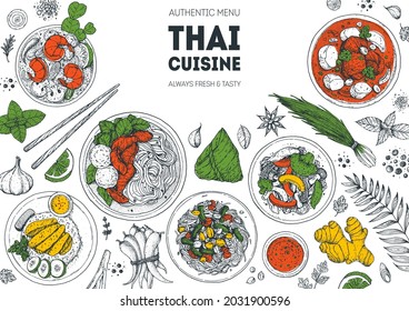 Thai food top view vector illustration. Food menu design template. Hand drawn sketch. Thai food menu. Vintage style. Thai noodle soup, tom yum, som tam, massaman curry, khao man gai, pad pak ruam