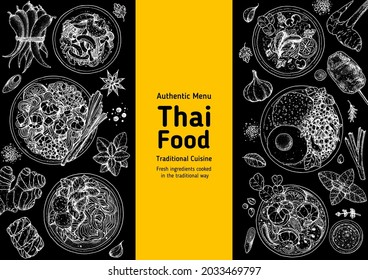 Thai food top view vector illustration. Food menu design template. Hand drawn sketch. Thai food menu. Vintage style. Pad thai, pad krapow gai, tom yum, tom kha gai, thai noodle soup
