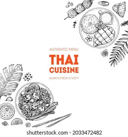 Thai food top view vector illustration. Food menu design template. Hand drawn sketch. Thai food menu. Vintage style.	