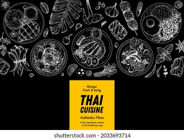 Thai food top view vector illustration. Food menu design template. Hand drawn sketch. Thai food menu. Vintage style. Mango sticky rice, massaman curry, khao man gai, tom kha gai, pad krapow gai