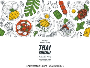 Thai food top view vector illustration. Food menu design template. Hand drawn sketch. Thai food menu. Vintage style. Mango sticky rice, massaman curry, khao man gai, tom kha gai, pad krapow gai