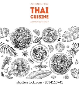 Thai food top view vector illustration. Food menu design template. Hand drawn sketch. Thai food menu. Vintage style