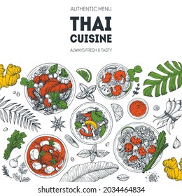 Thai food top view vector illustration. Food menu design template. Hand drawn sketch. Thai food menu. Vintage style