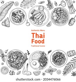 Thai food top view vector illustration. Food menu design template. Hand drawn sketch. Vintage style. 