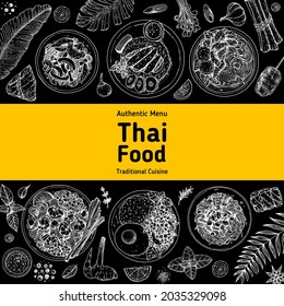 Thailändische Küche mit Draufsicht, Vektorgrafik. Design-Vorlage für Speisemenüs. Handgezeichnete Skizze. Vintage-Stil.