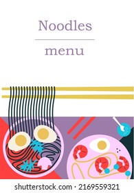 Thai food top view vector illustration. Top view japanese ramen noodle soup with ingredients. hand drawn. Food menu design template. Thai food menu. Perfect for restaurant menu, cards or posters.