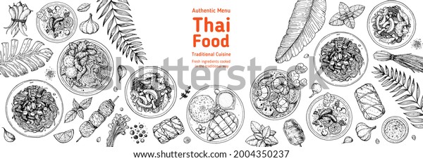 Thai food top\
view vector illustration. Food menu design template. Hand drawn\
sketch. Thai food menu. Vintage style. Tom yum, som tam, noodle\
soup, tom kha gai, mango stiky\
rice.