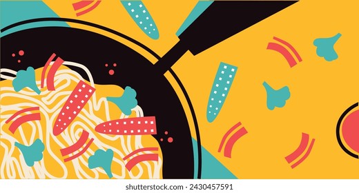 Comida tailandesa. Ilustración vectorial. Apetitosa sopa japonesa de fideos ramen con ingredientes. Plantilla de diseño de menú de alimentos. Menú tailandés. Perfecto para el menú del restaurante, tarjetas o carteles.