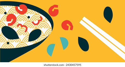 Thai food. Vector illustration. Appetizing Japanese ramen noodle soup with ingredients. Food menu design template. Thai food menu. Perfect for restaurant menu, cards or posters.