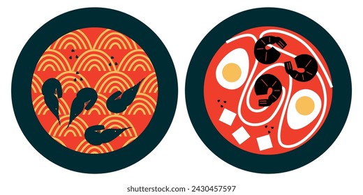 Thai food. Vector illustration. Appetizing Japanese ramen noodle soup with ingredients. Food menu design template. Thai food menu. Perfect for restaurant menu, cards or posters.