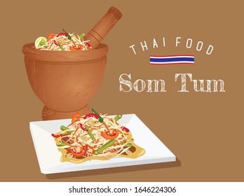 Thai food vector Thai papaya salad with a mortar menu design template