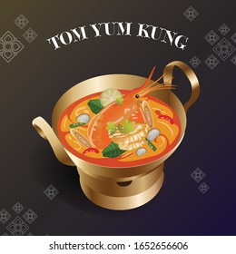 Thai food vector Prawn spicy soup Tom Yum Kung Thai cuisine in brass hot  pot vector