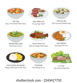 Thai Food vector set. Set of famous dishes in Thailand flat vector illustration, clipart cartoon. Tom Yum, Tom Kha Gai, Crying Tiger Beef, Pla Pao. Asian food. Thai cuisine. Thai foods vector design