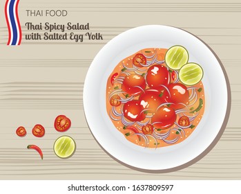 Thai Food Vector Thai spicy salad with salted egg yolk top view