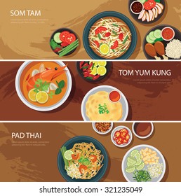 thai food web banner flat design.som tam, tom yum kung,pad thai