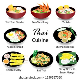 Thai foods, Thai cuisine. Tom yam noodle, Tom Yam Kung, Yentafo, Kapao Seafood, Shrimp Fried Rice,Chicken Satay, Pad Thai and Sticky rice with sweet mango.Isolated on white background, side view.