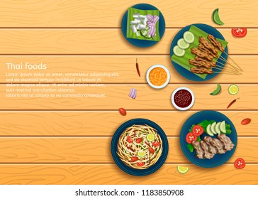 thai foods on a wooden background.Vector design top view.