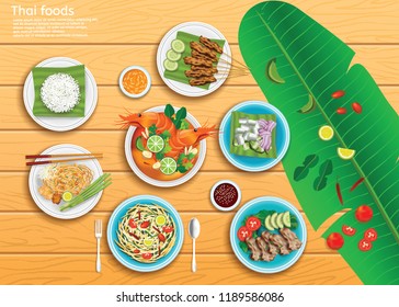 thai foods set on a wooden background.Vector design top view.