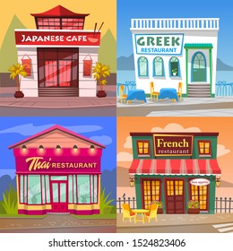 Thai and French cuisine vector, greek and japanese restaurant diner facade. Buildings in orient style, eatery of asian meals and dishes. European and eastern gastronomy set of houses illustration