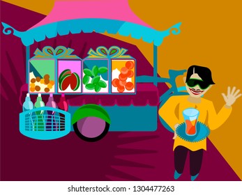 Thai fresh fruit street vendor. Motorcycle sidecar fast food. Vector for design invitation, card, wallpaper or poster