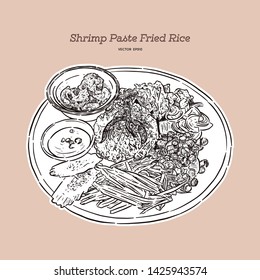 Thai fried rice with shrimp paste, khao kluk kapi. Hand draw sketch vector.