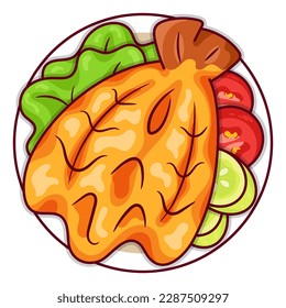 Thai frittierte Schnapper mit Fischsauce, Vektorgrafik. Asiatische Tiefkühlfisch-Seebarsch-Sauce-Essen Symbol Draufsicht. Thai frittierte Fischsauce Draufsicht Cartoon. Vietnamesisch Essen knusprig Fischmenü Symbol Vektorgrafik.