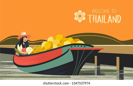 Thai fruit merchant in boats. Vector illustration. Thai woman in a hat sells exotic fruits. For the Thai market.