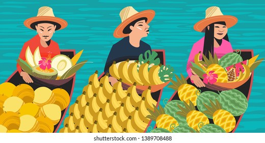 Thai fruit traders in boats. Vector illustration. Three Thai women in hats sell exotic fruits. For the Thai market.