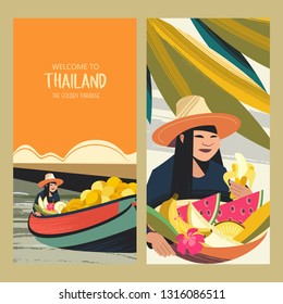 Thai fruit traders on the boat. Fruit market in Thailand. Thai woman in a hat with a basket of exotic fruits. Vector colorful illustration.