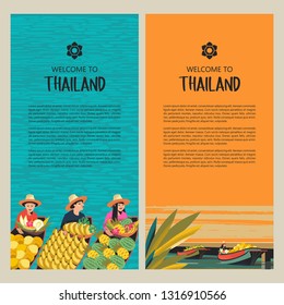 Thai fruit traders on the boat. Fruit market in Thailand. Thai woman in a hat with a basket of exotic fruits. Vector colorful illustration.