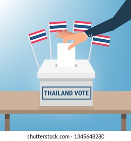 Thai General Election 2019, Hand Putting Voting Paper in the Ballot Box, object flat style on blue background, cartoon vector Illustration.