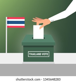 Thai General Election 2019, Hand Putting Voting Paper in the Ballot Box, object flat style on blue background, cartoon vector Illustration.