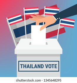 Thai General Election 2019, Hand Putting Voting Paper in the Ballot Box, object flat style on blue background, cartoon vector Illustration.