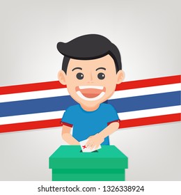 Thai General Election 2019, Man puts voting ballot in ballot box with Thai flag. Vector illustration - Vector