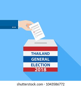 Thai General Election vote 2018, Hand Putting Voting Paper in the Ballot Box, object flat style on blue background, cartoon vector Illustration.