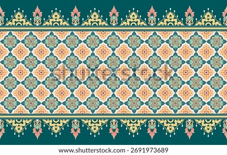 Thai geometric fabric design influenced by temple art and traditional flower themes. Beautiful gold and teal hues produce an opulent cultural ambiance that is ideal for textile package wallpapers.
