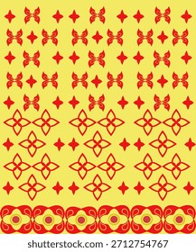 Patrón geométrico tailandés en rojo y amarillo con motivos florales y simetría limpia. Perfecto para textiles, Fondo de pantalla, embalaje y proyectos de diseño decorativo.