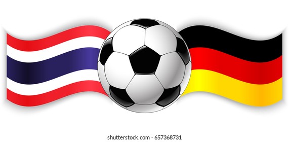 Thai and German wavy flags with football ball. Thailand combined with Germany isolated on white. Football match or international sport competition concept.