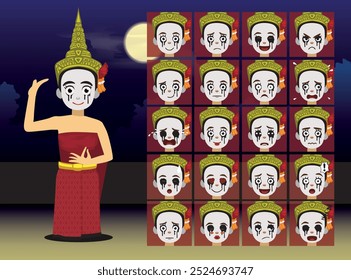 Thai Ghost Phee Nang Ram Thai Dance Cartoon Emotion faces Vector Illustration