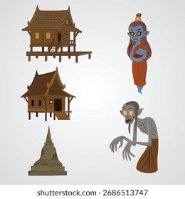 Thai ghost set, Thai style house, ancient pagoda halloween illustration design