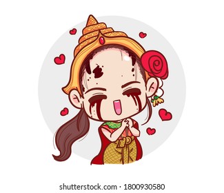 Thai ghost in traditional dress show love gesture and red hearts isolated on white background with scary halloween concept.