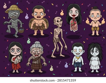Thai ghosts and mythical monsters cartoon characters set vector illustration.