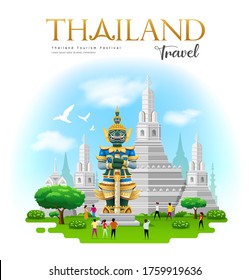 thai giant with Arun temple in bangkok thailand travel design on blue cloud and sky background, vector illustration