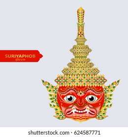 Thai giant ramayana mask vector ( Thai language name is Suriyaphob ) with gold patterned and crystals color.