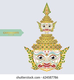 Thai giant ramayana mask vector ( Thai language name is Chakravarti ) with gold patterned and crystals color.