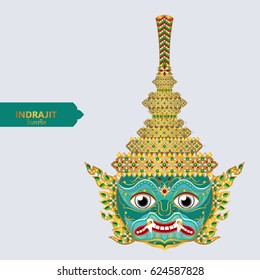 Thai giant ramayana mask vector ( Thai language name is Indrajit ) with gold patterned and crystals color.